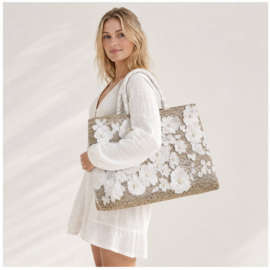 Grote Shopper Wit met Bloemen Borduursel Strandtas 42x30x24 cm
