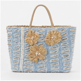 Grote Mand Shopper  Lichtblauw Naturel met Bloemen -Strandtas & Shopper