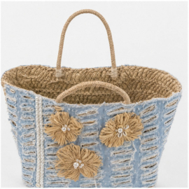 Grote Mand Shopper  Lichtblauw Naturel met Bloemen -Strandtas & Shopper