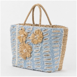 Grote Mand Shopper  Lichtblauw Naturel met Bloemen -Strandtas & Shopper