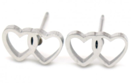 Oorbellen twee hartjes zilverkleur of goudkleur