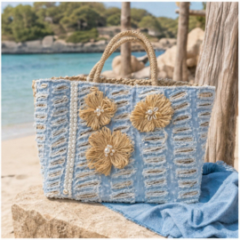 Grote Mand Shopper  Lichtblauw Naturel met Bloemen -Strandtas & Shopper