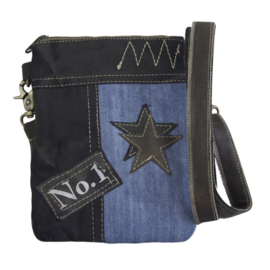Sunsa 2-in-1 schoudertas van canvas en denim – zwart en blauw