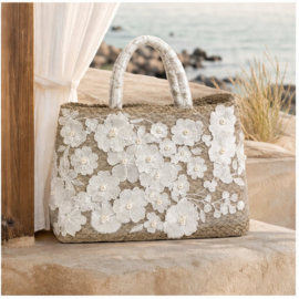 Grote Shopper Wit met Bloemen Borduursel Strandtas 42x30x24 cm