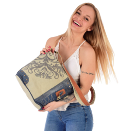 Sunsa canvas en denim schoudertas – vintage en uniek