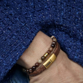 Autumn Aura armbandenset – leer & natuursteen | bruinmix