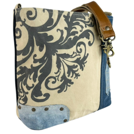 Sunsa canvas en denim schoudertas – vintage en uniek