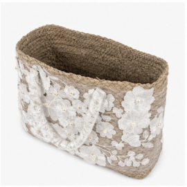 Grote Shopper Wit met Bloemen Borduursel Strandtas 42x30x24 cm