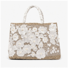 Grote Shopper Wit met Bloemen Borduursel Strandtas 42x30x24 cm