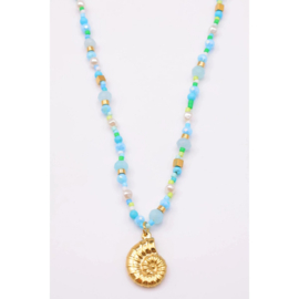 Ketting met Blauwe Kralen en Schelphanger  RVS Boho Ibiza Stijl