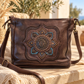 Leren schoudertas bruin – 2-in-1 met turquoise accenten - Boho