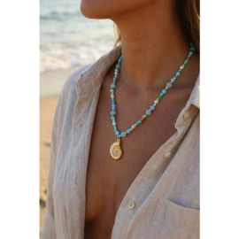 Ketting met Blauwe Kralen en Schelphanger  RVS Boho Ibiza Stijl