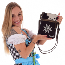 Sunsa schoudertas zwart canvas met leren details 2-zijdig