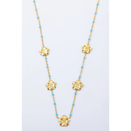 Ketting met Bloemen RVS  Boho  Waterproof Aqua of Wit