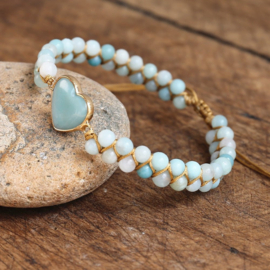 Amazoniet armband hart dames verstelbaar natuursteen gevlochten koord handgemaakt