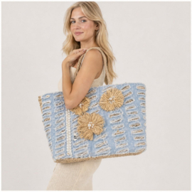 Grote Mand Shopper  Lichtblauw Naturel met Bloemen -Strandtas & Shopper