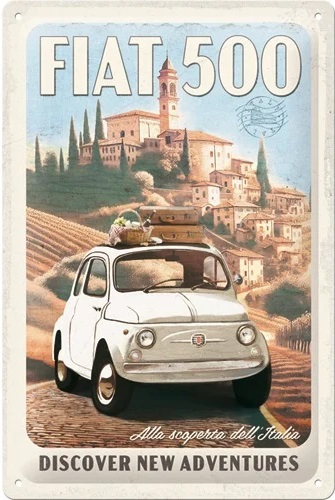 Fiat 500 Discover New Adventures.  Metalen wandbord in reliëf 20 x 30 cm.