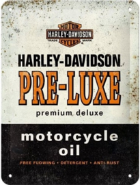Harley-Davidson Pre Luxe Motorcycle Oil. Metalen wandbord in reliëf 15 x 20 cm.