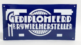 Gediplomeerd Rijwielhersteller Emaille bord 40 x 20 cm.