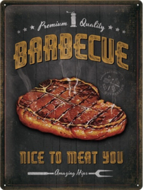 Barbecue Nice To Meat You. Metalen wandbord in reliëf 30 x 40 cm.