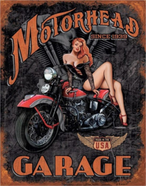 Motorhead Garage Since 1939.​ Metalen wandbord 31,5 x 40,5 cm.