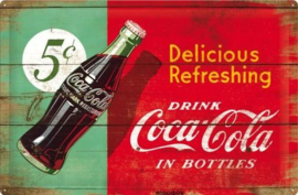 Drink Coca Cola In Bottles  1950 Beverage Rood Groen.  Metalen wandbord in reliëf 20 x 30 cm.