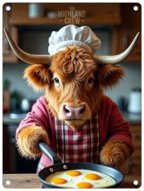 Cooking Eggs Cow Highland Crew  Metalen wandbord 40 x 30 cm .