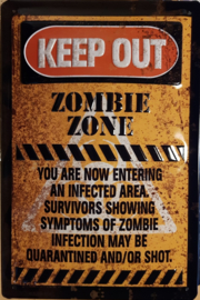 Keep Out Zombie Zone. Metalen wandbord in reliëf 20 x 30 cm.