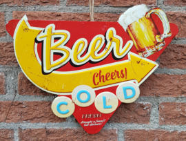 Cold Beer Cheers.  Metalen wandbord in reliëf 32 x 26 cm.