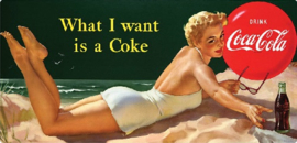 Coca Cola What I want.  Metalen wandbord 22 x 45 cm.