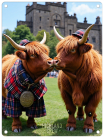 Kissing  Cows  Highland Crew  Metalen wandbord 40 x 30 cm .