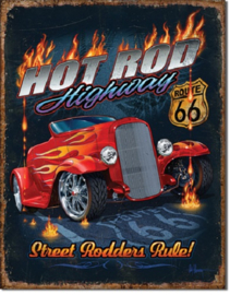 Hot Rod Highway 66.  Metalen wandbord 31,5 x 40,5 cm.