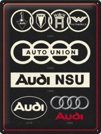Audi - Logo Evolution .  Metalen wandbord in reliëf 30 x 40 cm.