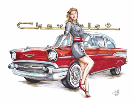 Chevrolet Pin Up Girl.  Metalen wandbord 30,5 x 38 cm.