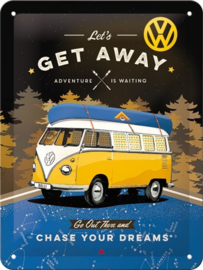 VW Bulli - Let's Get Away Night Metalen wandbord in reliëf 15 x 20 cm.