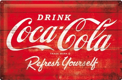 Coca Cola Logo Red Refresh Yourself.  Metalen wandbord in reliëf 40x 60 cm.