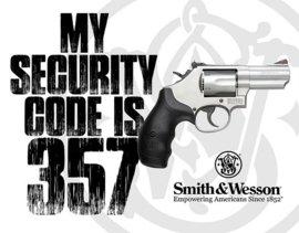 Smith & Wesson - Security Code​ 357. Metalen wandbord 31,5 x 40,5 cm.