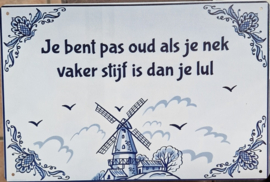 Je bent pas oud als je nek vaker stijf is dan je lul.  Metalen wandbordje 20 x 30 cm.