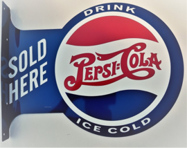 Pepsi Cola Sold Here.  Aluminium uithangbord 34 x 45 cm.