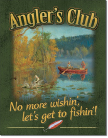 Angler's Club.  Metalen wandbord 31,5 x 40,5 cm.