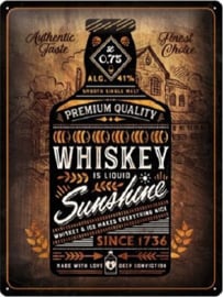 Whiskey Is Liquid Sunshine​.  Metalen wandbord in reliëf 30 x 40 cm.