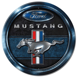 Ford Mustang Blue. ​Metalen wandbord Ø 30 cm.​