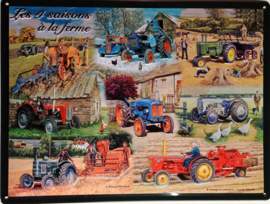 Trekker Collage De 4 seizoenen op de boerderij . Metalen wandbord in reliëf 30 x 40 cm.