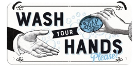 Wash Your Hands Please.  Metalen wandbord 10 x 20 cm.