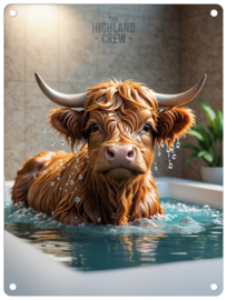 Cow in Bath Highland Crew  Metalen wandbord 40 x 30 cm .