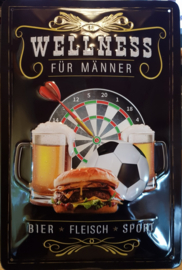 Wellnes Fur Mannen Bier Fleisch Sport. Metalen wandbord in reliëf 20 x30 cm.