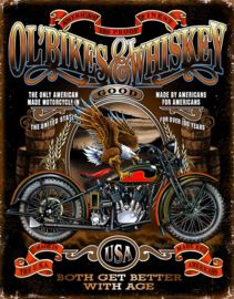 Ol' Bikes & Whiskey .  Metalen wandbord 31,5 x 40,5 cm.