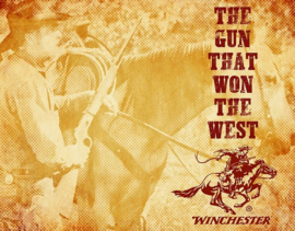 Winchester Won The West.  Metalen wandbord 40,5 x 31,5 cm.