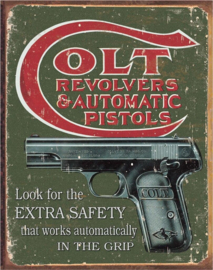 Colt Revolvers & Automatic Pistols Extra Safety.   Metalen wandbord 40,5 x 31,5 cm.