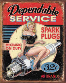 Dependable Service Spark Plugs. Metalen wandbord 31,5 x 40,5 cm.